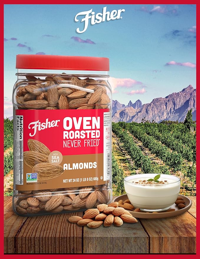 Fisher Oven Roasted Never Fried Almonds 24 Ounces (Pack of 1) Heart Healthy Snacks for Adults Made with Sea Salt No Added Oil Artificial Ingredients or Preservatives Gluten Free Vegan Protein