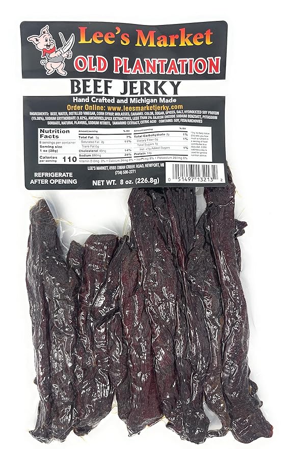 Lee's Market Old Plantation Beef Jerky - Soft &amp Tender - Healthy Low Carb Gluten-Free Snack - Paleo &amp Keto-Friendly - Michigan Made Handcrafted Jerky - Specialty Gourmet Meat Snacks - 8oz