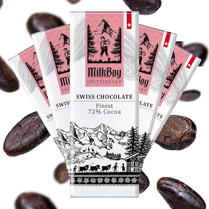 Milkboy Swiss Chocolates Gourmet Dark Chocolate Bar - 72% Chocolate Made in Switzerland Kosher. Vegan Gluten Free Dairy Free Swiss Chocolate Bars Sustainably Farmed Cocoa Bars - 1.4 oz 20 Pack