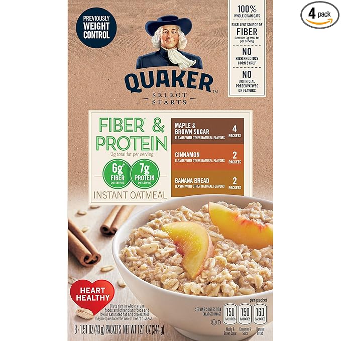 Quaker Instant Oatmeal Fiber &amp Protein 3 Flavor Variety Pack Individual Packets 8 Count (Pack of 4)