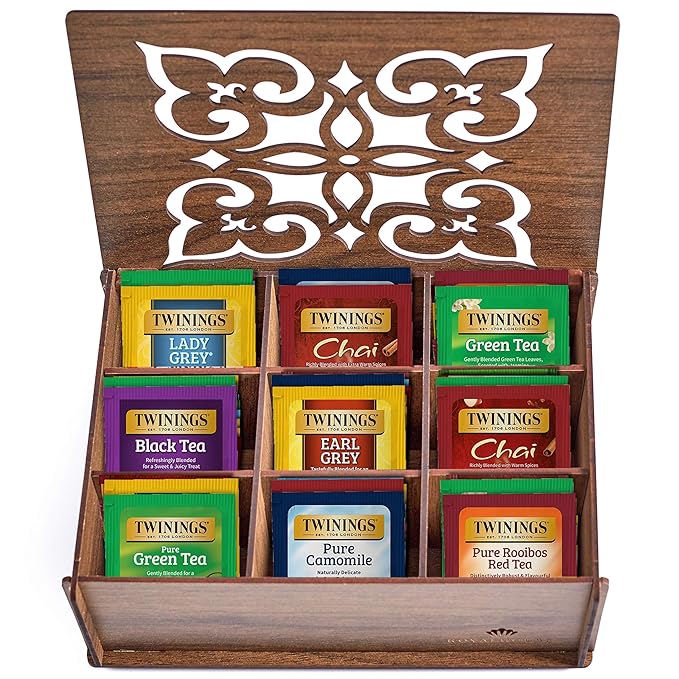 Twinings Tea Bag Sampler Variety with Walnut Wooden Organizer (60 Count) 40 Different Flavours Gift for Tea Lovers: Women Men Mom Dad Family Friends Couples