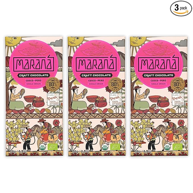 Maraná Chocolate Cusco 80% Dark Chocolate 3 Pack - Peruvian Chocolate - Premium Bean-to-Bar Direct Sourced Made at Origin Single Origin Woman Owned BIPOC Owned Organic Award Winning - Vegan S