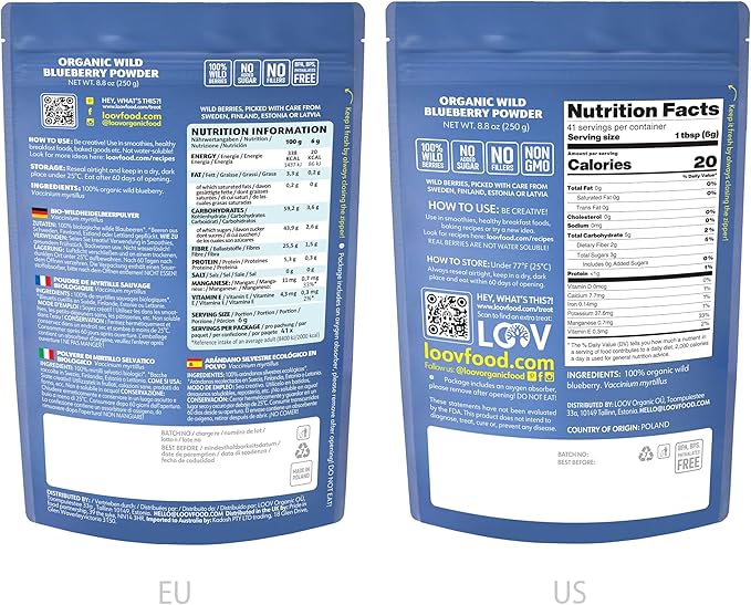 LOOV Organic Wild Blueberry Powder - 41-Day Supply 8.8 Oz Good for Smoothie &amp Breakfast Freeze-Dried from Northern Europe No Added Sugar