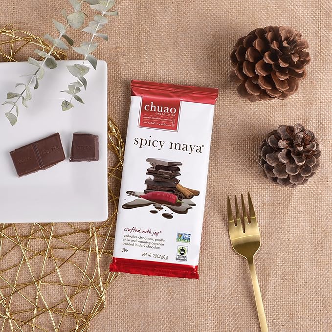 Chuao Chocolatier Spicy Maya Gourmet Dark Chocolate Bars | Cinnamon Cayenne No Preservatives | For Gift Baskets Christmas Valentines Birthday Care Package | 12 Pack