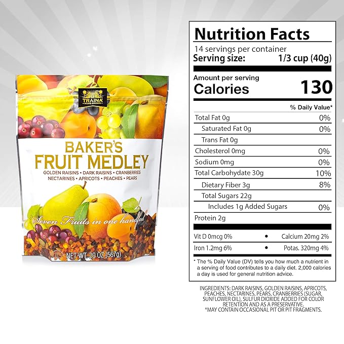 Traina Home Grown Baker’s Fruit Medley - Diced Peaches Cranberries Apricots Pears Nectarines and Raisins - Non GMO Gluten Free Value Size (20 oz)