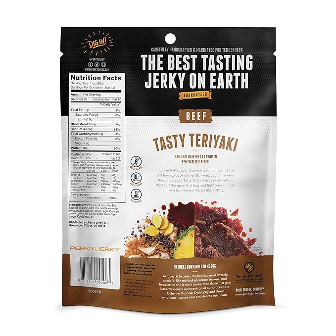 Perky Jerky Tasty Teriyaki 100% Grass Fed Beef Jerky 2.2oz (Pack of 12) - Antibiotic Free - 10g Protein Per Serving - Low Fat - Tender Texture