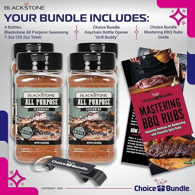 Blackstone All Purpose (AP) Seasoning – Gourmet Griddle Premium Barbecue Rub 4 Pk (29.2 oz) + BBQ Masters &amp Opener (6 Items)!