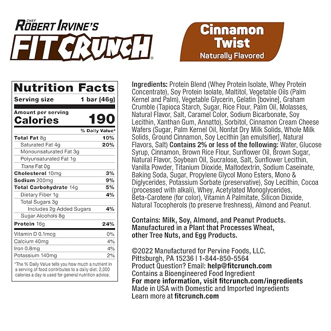 FITCRUNCH Snack Size Protein Bars 6-Layer Baked Bar 3g of Sugar &amp Soft Cake Core (18 Bars Cinnamon Twist)