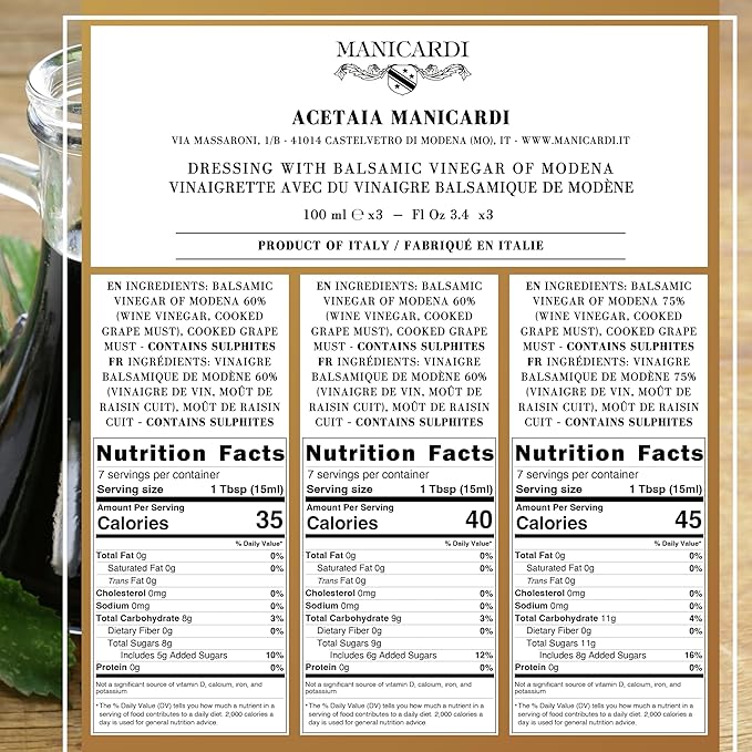 MANICARDI Set of 3 Condiments with Balsamic Vinegar of Modena PGI - Selected with Three Different Degrees of Density - Made in Italy 100 ml Each