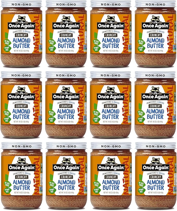 Once Again Natural Crunchy Almond Butter 16oz - Roasted - Salt Free Unsweetened - Gluten Free Certified Peanut Free Vegan Kosher Paleo - Glass Jar - Case of 12