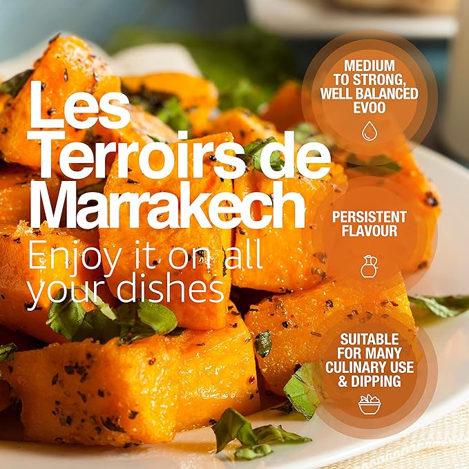 Les Terroirs De Marrakech Extra Virgin Olive Oil Polyphenol Rich Olive Oil Moroccan Cold Pressed EVOO Oil Keto Organic Olive Oil USDA Certified Award Winning Carbon Neutral 17fl oz. Bottle