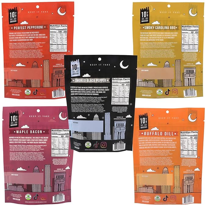 Louisville Vegan Jerky - Variety Pack 15-21 Grams of Protein Gluten-Free Ingredients Includes 2 Black Pepper 2 Perfect Pepperoni 2 Maple Bacon 2 Carolina BBQ &amp 2 Buffalo Dill (3 oz 10-Pack