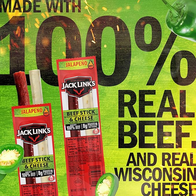 Jack Link's Jalapeno Beef &amp Cheese Combo Spicy Snack Pack Made with 100% Beef and Real Wisconsin Cheese 8g protein Individually Wrapped Snacks - 1.2 Ounce (Pack of 16)