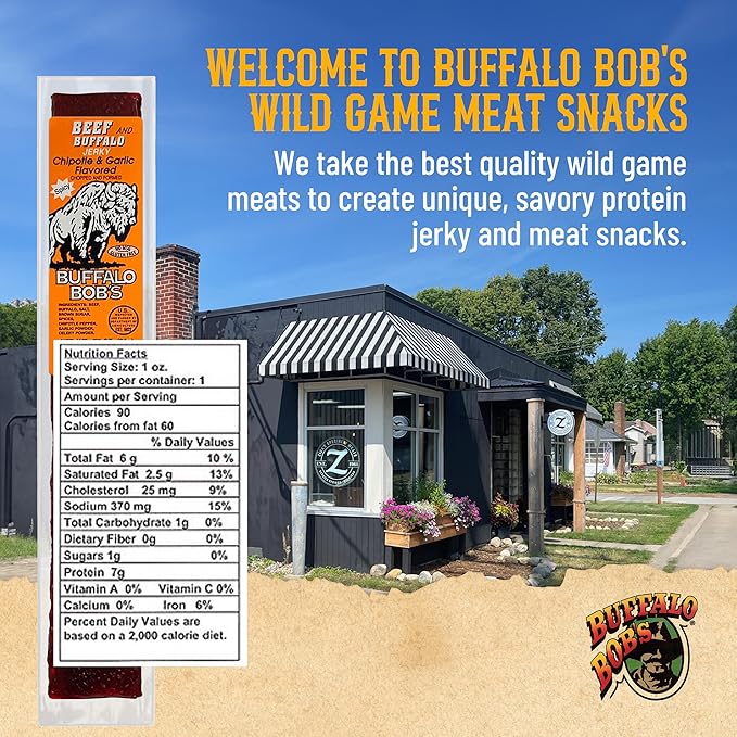 Buffalo Bob's Wild Game Meat Snack - Beef and Buffalo Chipotle &amp Garlic Jerky 10 Pack