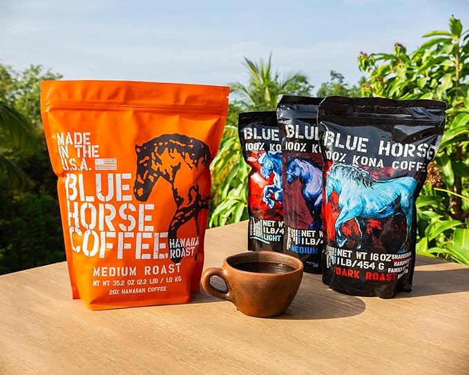 Blue Horse 'Gentle Giant' Hawaiian Roast Arabica Whole Beans Blend (20% Kona) Medium Roast 2.2 Lbs (35 oz) Farm-Fresh Arabica Coffee Smooth &amp Bold Flavor with Rich Aroma