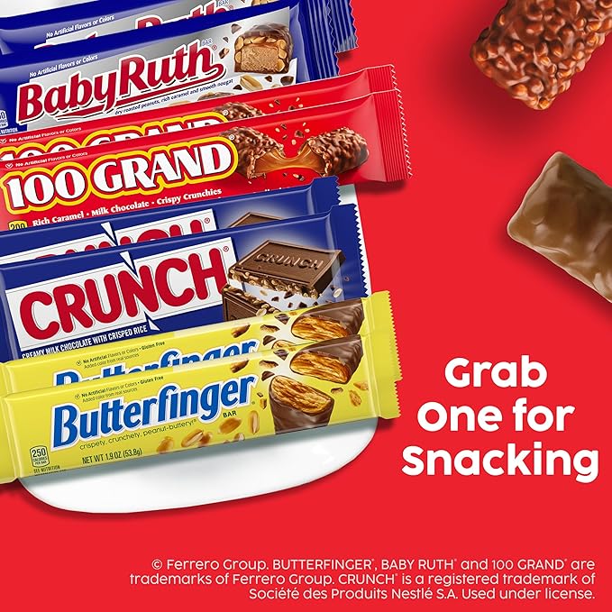 Assorted Butterfinger Crunch Baby Ruth and 100 Grand Full Size Chocolates 18 count 31.2 oz
