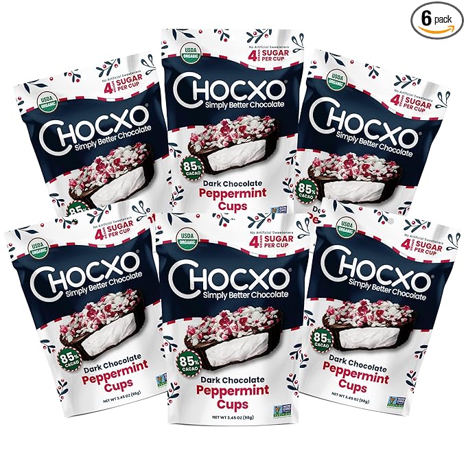 Chocxo Dark Chocolate Peppermint Cups - Lower Sugar Christmas Candy 85% Organic Cacao NonGMO Keto Gluten Free Kosher. No Artificial Sweeteners/Sugar Alcohols 3.45 oz (Pack of 6)