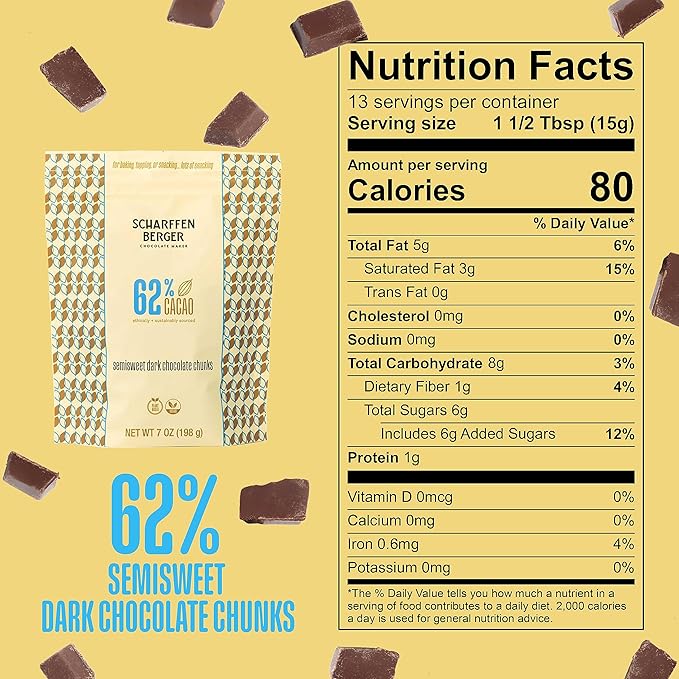 Scharffen Berger Baking Chocolate Chunks (7 Ounce Pack of 3) - Semisweet Dark Chocolate Chunks for Baking 62% Cacao Gluten Free Non GMO Natural Chocolates Individual Baking Chocolate