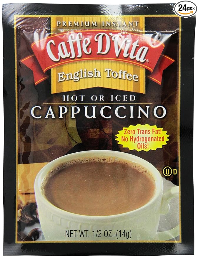(24 Pack) Caffe D'Vita English Toffee Cappuccino Mix - Instant Cappuccino Mix Gluten Free No Cholesterol No Hydrogenated Oils 99% Caffeine Free Flavored Instant Coffee - 0.5 Oz Packets