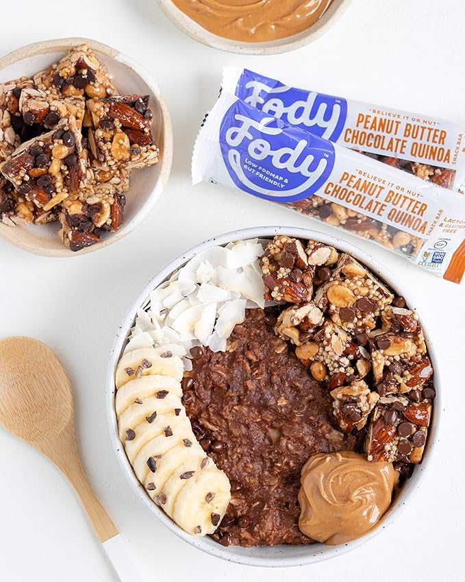 Fody Foods Snack Bars Peanut Butter Chocolate Quinoa 1.41 Oz (Pack of 12) 6g Protein Low FODMAP Gut &amp IBS Friendly Vegan Lactose Free Non-GMO Gluten Free