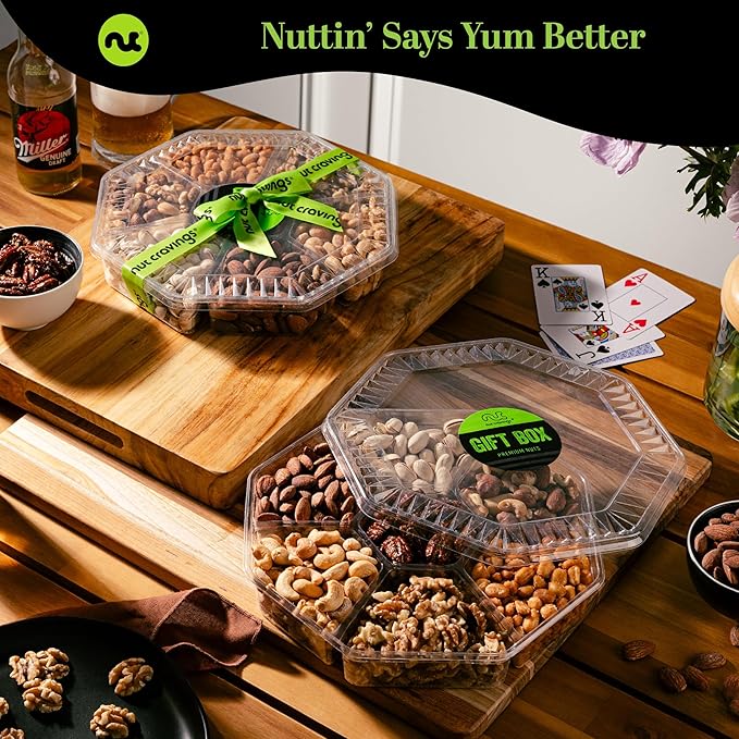 NUT CRAVINGS - Easter Mixed Nuts Gift Basket + Green Ribbon (7 Assortments 2.2 LB) Ramadan Gifts Saint Patrick's Day Treats for Adults Food Arrangement Healthy Snack Care Package Kosher