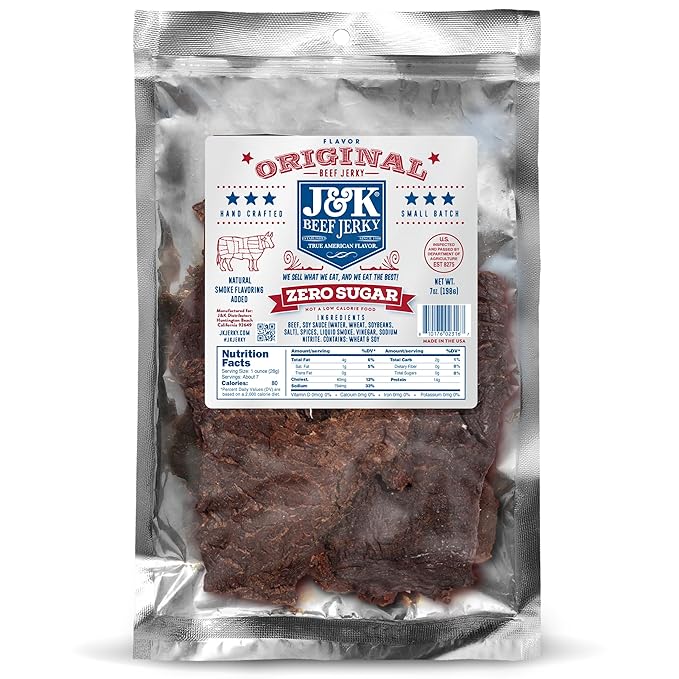 J&ampK Sugar-Free Original Beef Jerky - Real Premium Smoked Beef with Double Tenderness - Paleo &amp Keto Friendly Sourced &amp Made in California USA - 7oz