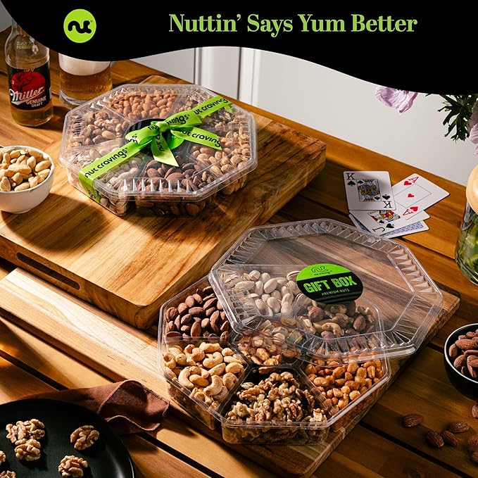 NUT CRAVINGS - Easter Mixed Nuts Gift Basket + Green Ribbon (7 Assortments 1 LB) Ramadan Gifts Treats for Adults Food Arrangement Healthy Snack Care Package Kosher