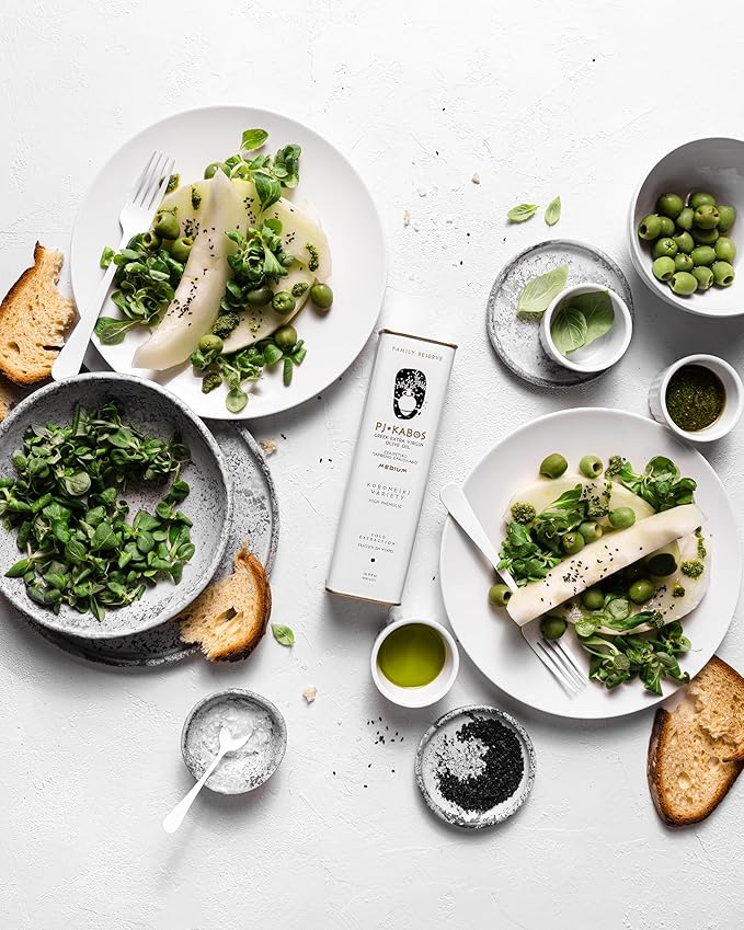 P.J. KABOS Fresh 2025/26 Harvest High Phenolic (400+mg/kg) Natural Greek Extra Virgin Olive Oil Kosher Greece Cold Extracted 16.9 oz Tin Koroneiki Family Reserve -Medium (12-Pack)