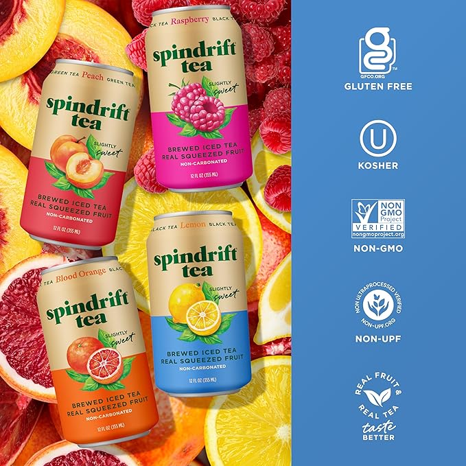 Spindrift Brewed Iced Tea Variety Pack with Black Tea &amp Green Tea Made with Real Squeezed Fruit No Carbonation 12 Fl Oz Cans Pack of 24 (22-49 Calories)