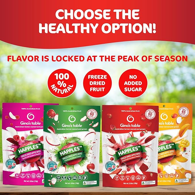 Happles Freeze Dried Apples Variety Pack with Mango Raspberry &amp Strawberry Fruit Powder – 100% Natural No Added Sugar Healthy Low Calorie Apple Crisps Snack No Artificial Flavours (4 Pack)