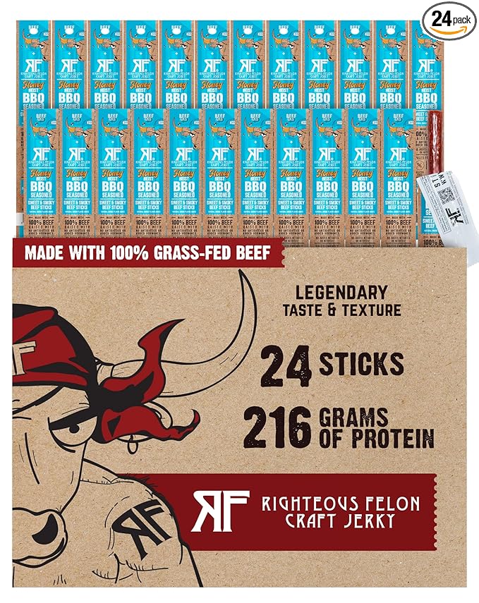 Righteous Felon Meat Sticks | 100% Grass Fed Beef | 9g Protein per Stick | Keto Gluten-Free Low Sugar High Protein Snack Sticks | Individually Wrapped | Honey Heist BBQ Beef Sticks 24 Count