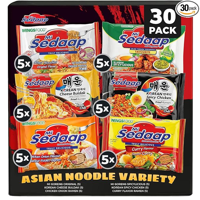 Mi Sedaap Asian Instant Noodle Variety [Pack of 30] - Includes Mi Goreng Original Korean Spicy Chicken Korean Cheese Buldak Curry Chicken Onion Spicylicious Flavors