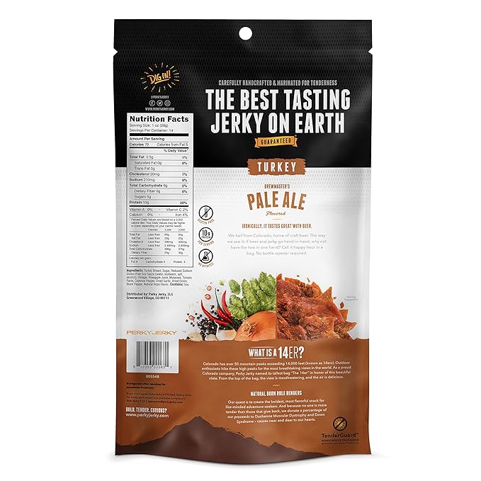 Perky Jerky Brewmaster's Pale Ale Turkey Jerky 14oz - Low Sodium - 10g Protein per Serving - Low Fat - 100% U.S. Sourced - Tender Texture and Bold Flavor