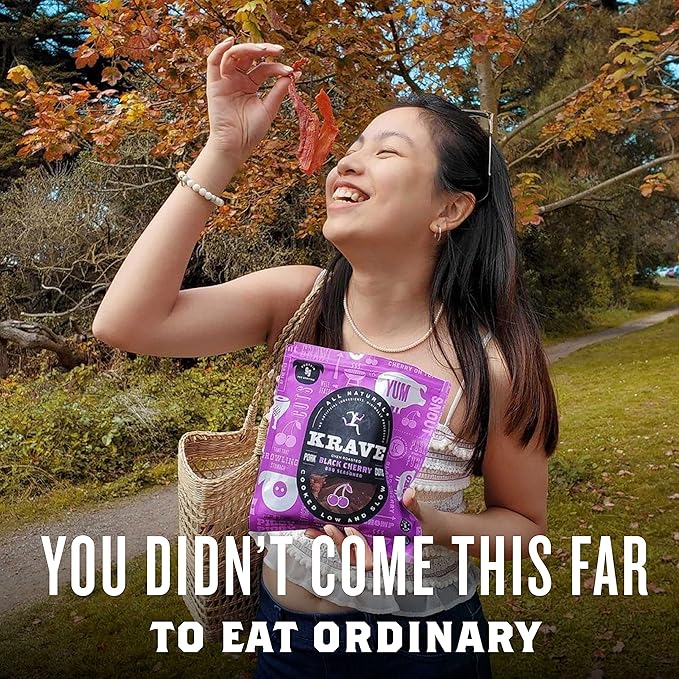 KRAVE All Natural Pork Jerky Black Cherry BBQ - Protein Packed Snacks Roasted for Maximum Flavor - Premium Tender Meat Cuts - Gluten Free - 2.7 Ounce (Pack of 8)
