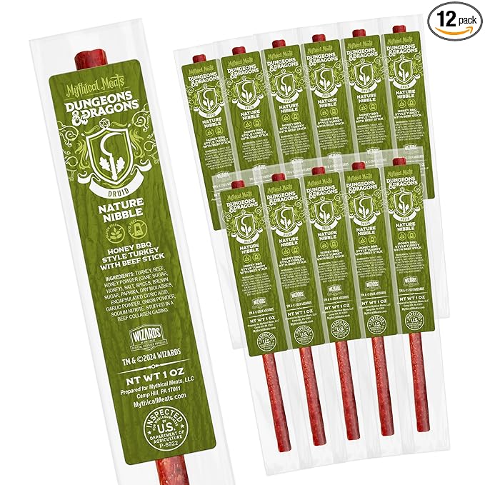 Mythical Meats Dungeons &amp Dragons Nature Nibble (Druid) - 12 Jerky Sticks - Honey BBQ Style Turkey with Beef Stick Gluten Free MSG Free
