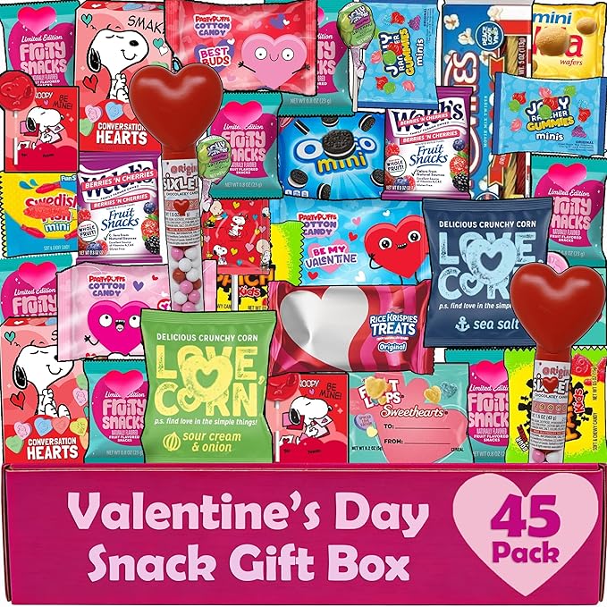Valentine's Day Gift Care Package 45 Count Individually Wrapped Chocolate Bulk Candy and Snacks Variety Assortment Heart Candy Lovecorn and More Valentines Candy Gift Box for Kids Adults Colle