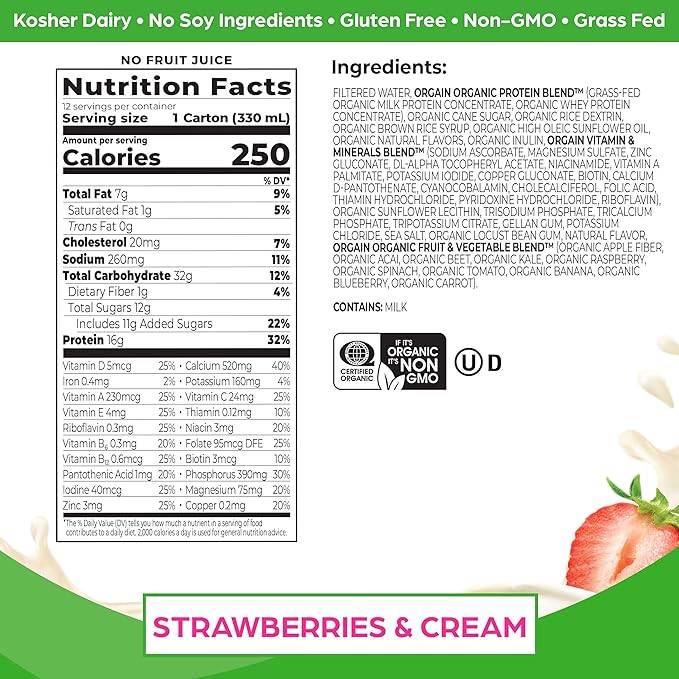 Orgain Clean Protein Shake Grass Fed Dairy Vanilla Bean (Pack of 12) and Orgain Organic Nutritional Protein Shake Strawberries &amp Cream (Pack of 12)