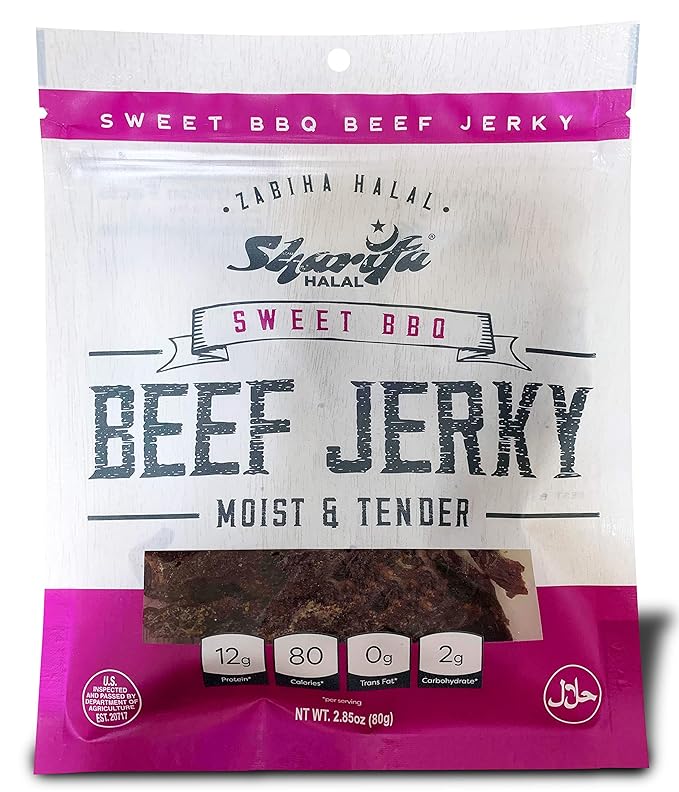 Sharifa Halal Beef Jerky Sweet BBQ (5 Pack) Each Bag 2.85 oz – Great Everyday Halal Jerky Beef Meat Snack 100 % Real Zabiha Halal Beef 12g of Protein 80 Calories 0g Trans Fat &amp 2g of Carboh