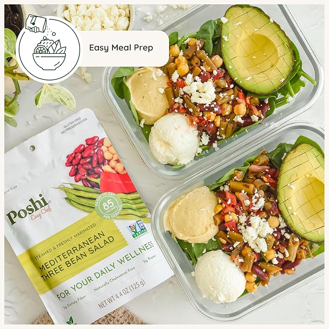 POSHI Mediterranean Three Bean Salad Natural Keto Vegan Non GMO Low Carb + Calorie Gluten Free Ready to Eat Fully Cooked Vegetables Pentry Food Gourmet Healthy Travel Food 6 Pack 4.4 oz