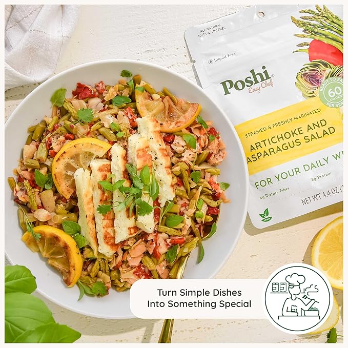 POSHI Artichoke &amp Asparagus Salad Natural Keto Vegan Non GMO Low Carb + Calorie Gluten Free Ready to Eat Fully Cooked Vegetables Pentry Food Gourmet Healthy Travel Food 6 Pack 4.4 oz