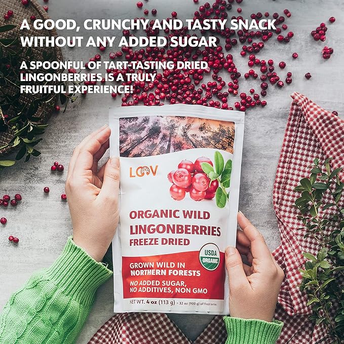 Organic Whole Lingonberries – Freeze-Dried Wild Nordic Superberry Traditional Scandinavian–Swedish Food – Pure 100% Natural Non-GMO &amp No Added Sugar – 4oz (34 Servings)