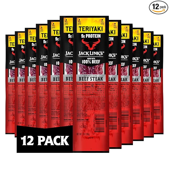 Jack Link's Beef Steak Teriyaki - Protein Snacks Meat Snack with 9g of Protein Made with 100% Beef Individually Wrapped Bulk Snack Pack Keto Friendly - 1 Oz. (12 Count)
