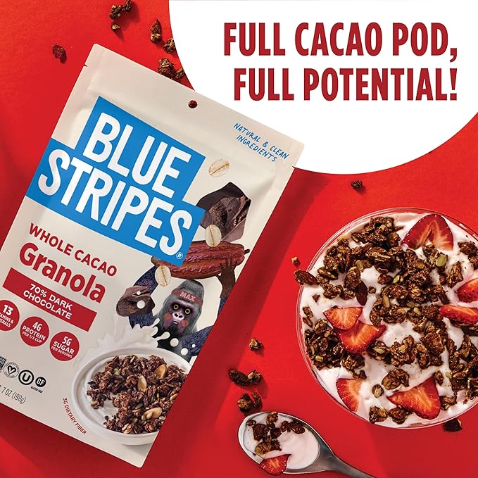 Blue Stripes Whole Cacao Granola - Gluten Free 70% Dark Chocolate Granola for Cereal Oatmeal Yogurt 5g Protein Per Serving Source of Fiber Vegan Low Sugar - Dark Chocolate 7 oz Bag (3 Pack)
