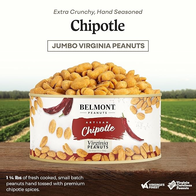 Belmont Peanuts Gourmet Chipotle &amp Sea Salt Virginia Peanuts 20 oz (1 Pack) – Simple Ingredients No Preservatives 7g Protein – A Spicy Salty Crunchy Hand Seasoned Snack