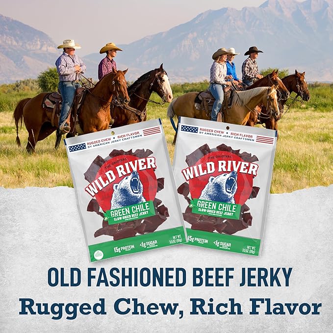 Wild River Green Chile Beef Jerky Old Fashioned 100% Beef Jerky Gluten Free Deliciously Seasoned Protein Snacks Savory Meat Snack for Lunches Ready to Eat 15g of Protein 3.5 Ounce (Pack of 4)