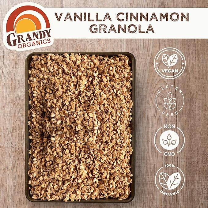Grandy Organics Vanilla Cinnamon Granola 10 Pound Bulk Bag Certified Organic Gluten Free Non-GMO Kosher Plant Based Protein Granola