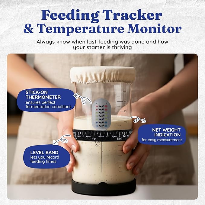Pro Sourdough Starter Kit -37oz Wide Mouth Sourdough Starter Jar Kit for Bread - Large Glass Sourdough Jar Feeding Band Cloth Cover Spatula &amp Thermometer–Best Sourdough Bread Kit for Beginners