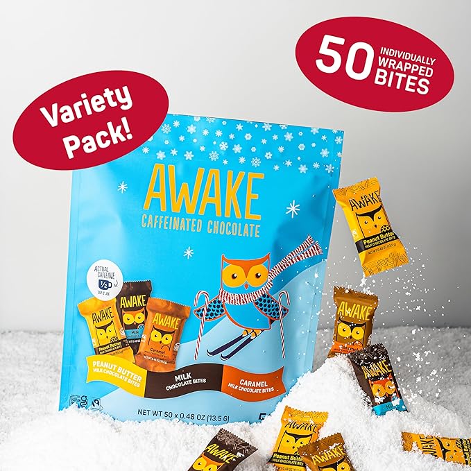 AWAKE - Caffeinated Chocolate Bites - 50mg Caffeine per bite - Winter Wake Up Variety Pack (3 Flavors) 50 Bites - Peanut Butter Milk &amp Caramel - Energy Bites - Coffee Alternative - 0.48oz each