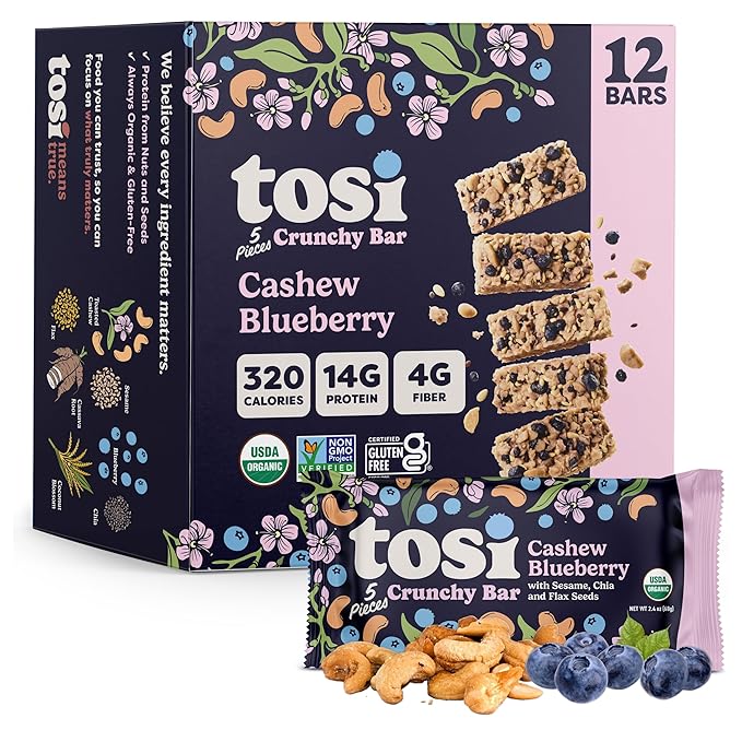 Tosi Meal Nut Bars Cashew Blueberry Healthy Snacks for Adults &amp Kids Crunchy Plant Based Protein Bar (14G) Keto Snacks Vegan Gluten &amp Soy Free Low Sugar Omega 3s 2.4oz 12-Pack