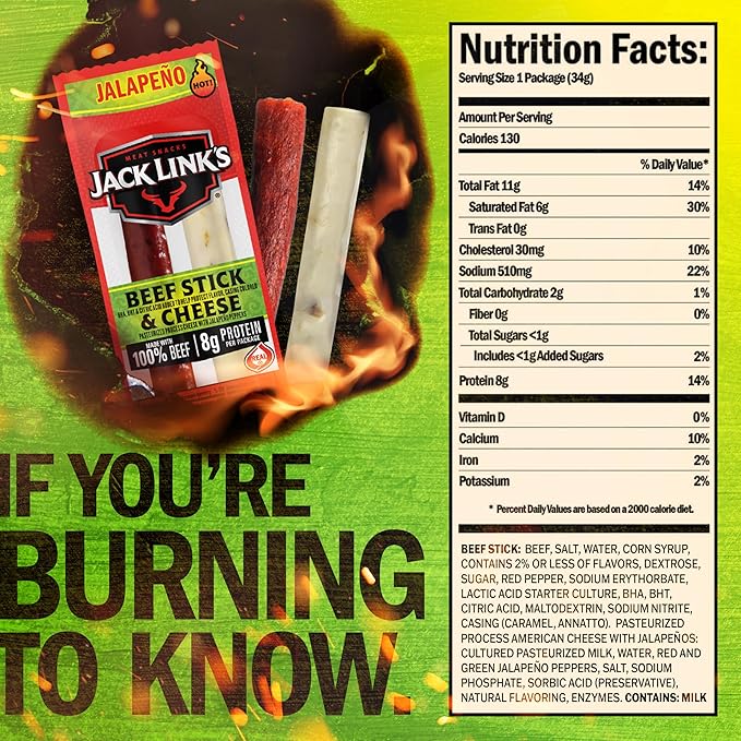 Jack Link's Jalapeno Beef &amp Cheese Combo Spicy Snack Pack Made with 100% Beef and Real Wisconsin Cheese 8g protein Individually Wrapped Snacks - 1.2 Ounce (Pack of 16)